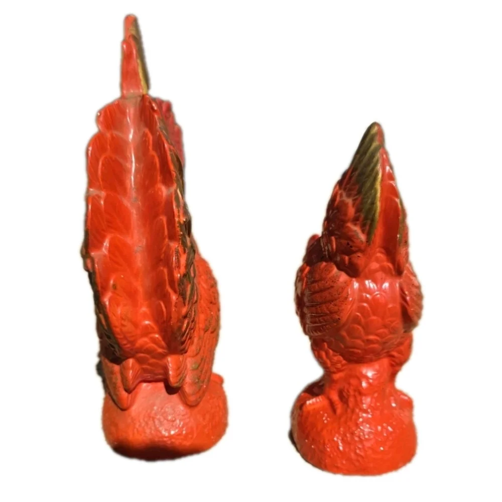 Vintage Rooster and Hen Large Ceramic Figurine 2 pc Red Gold Antique Decor